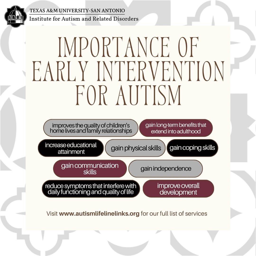 Early intervention is critical in supporting long term outcomes. 💫
Read about the benefits below and visit 
autismlifelinelinks.org to receive support. 
#EarlyIntervention #Autism #AutismAwareness #AutismResources #TAMUSA #EarlyInterventionSpeech #ABA #AutismAcceptance