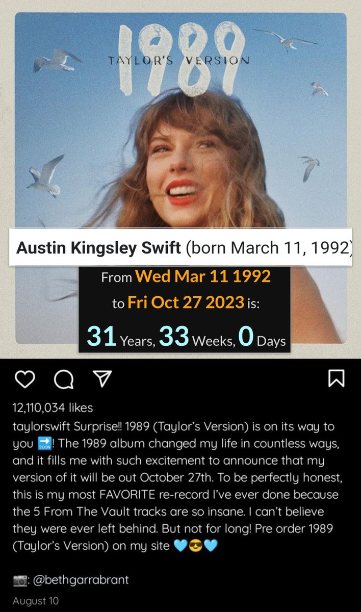 GematriaGlenn's tweet photo. #TaylorSwift is releasing the album 1989 (Taylor's Version) on 27 Oct 2023
Reminder the elite use numerology and astrology energy to their advantage. 1989 was the #YearOfTheSnake.
✨3️⃣✨ Her brother #AustinSwift will be exactly 31 yr 33 wk old when #TaylorsVersion drops https://t.co/y52va6qlzL