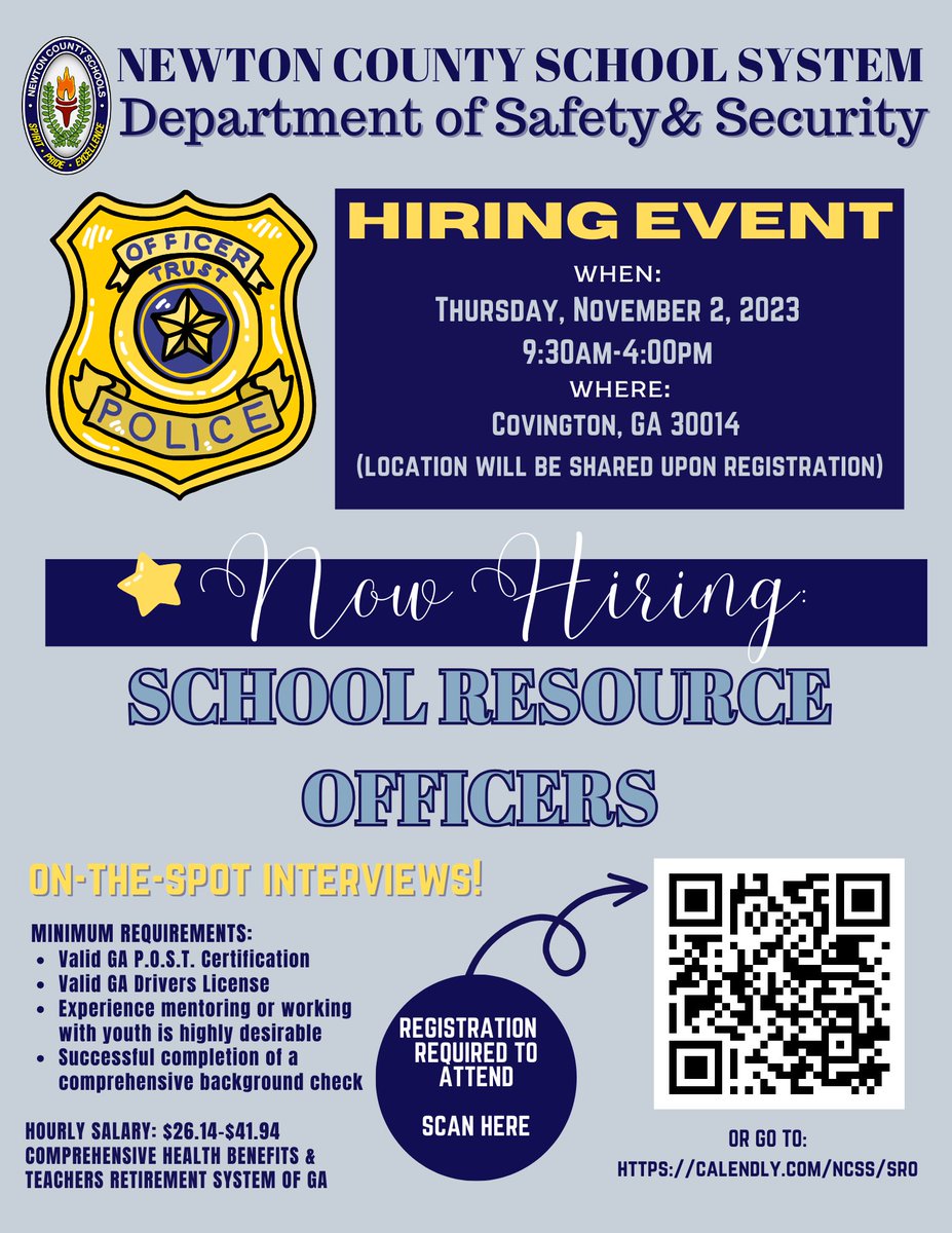 Now hiring School Resource Officers! Help maintain a safe learning environment for our students. Register now to attend this hiring event: calendly.com/ncss/sro #NCSSBeTheBest #NCSSWorkingTogether