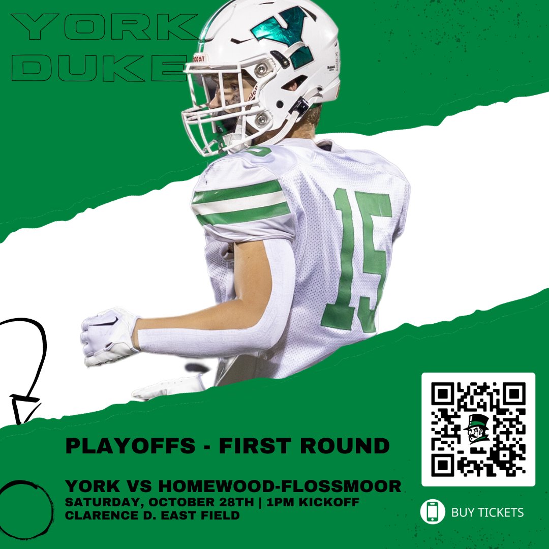 YorkAthletics's tweet image. Get your tickets now for this Saturday's @YorkDukesFB first-round playoff game against Homewood-Floosmoor. Kickoff is at 1pm. #GoDukes

Buy Tickets: vist.ly/ffhp