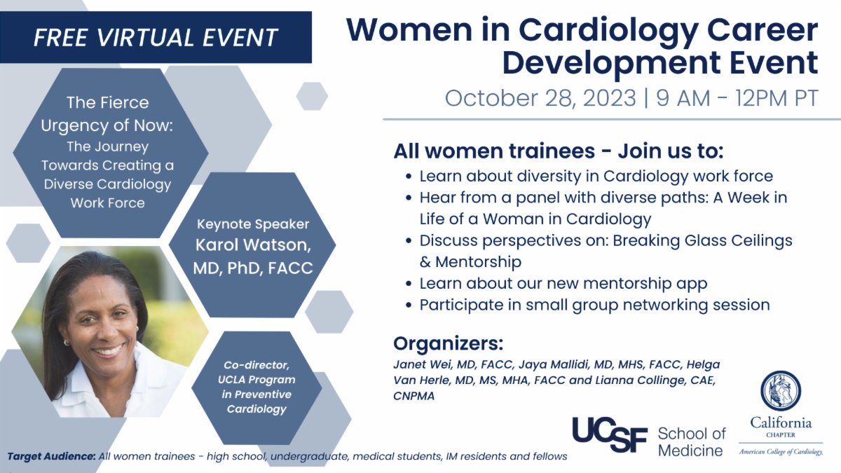 This Saturday, October 28th @UCSF & @CaliforniaACC are hosting a #WomenInCardiology Career Development Event. ‌This is a free virtual meeting for all women trainees - high school, undergraduate, medical students, IM residents & fellows. Join us! tinyurl.com/mpvzar93