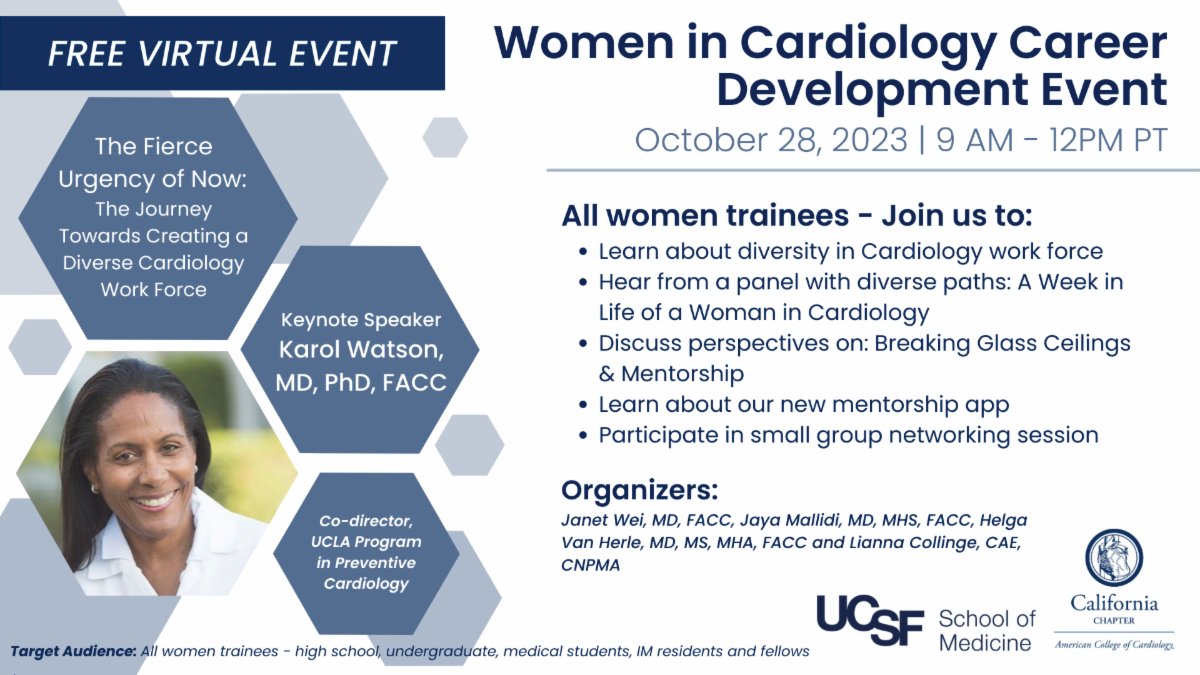 UCSF Cardiology (@ucsfcardiology) on Twitter photo This Saturday, October 28th <a href="/UCSF/">UC San Francisco</a> & <a href="/CaliforniaACC/">California ACC</a> are hosting a #WomenInCardiology Career Development Event. This is a free virtual meeting for all women trainees - high school, undergraduate, medical students, IM residents & fellows. Join us! tinyurl.com/mpvzar93 This Saturday, October 28th <a href="/UCSF/">UC San Francisco</a> & <a href="/CaliforniaACC/">California ACC</a> are hosting a #WomenInCardiology Career Development Event. This is a free virtual meeting for all women trainees - high school, undergraduate, medical students, IM residents & fellows. Join us! tinyurl.com/mpvzar93