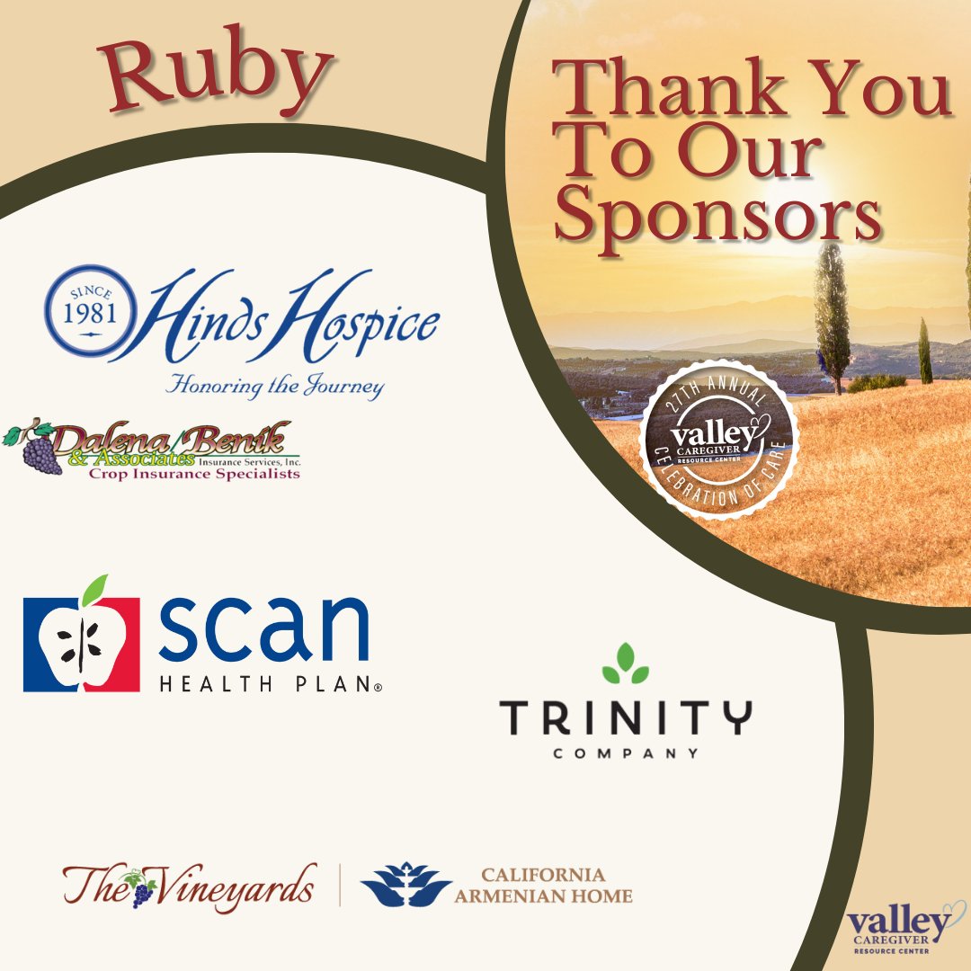 A special thank you to our next group of Ruby sponsors for their generous donation and support! The 2023 Celebration of Care is this week!! 

#valleycaregivers #celebrationofcare #scanhealthplan #trinitycompany #thevineyards #hindshospice #dalenabenik