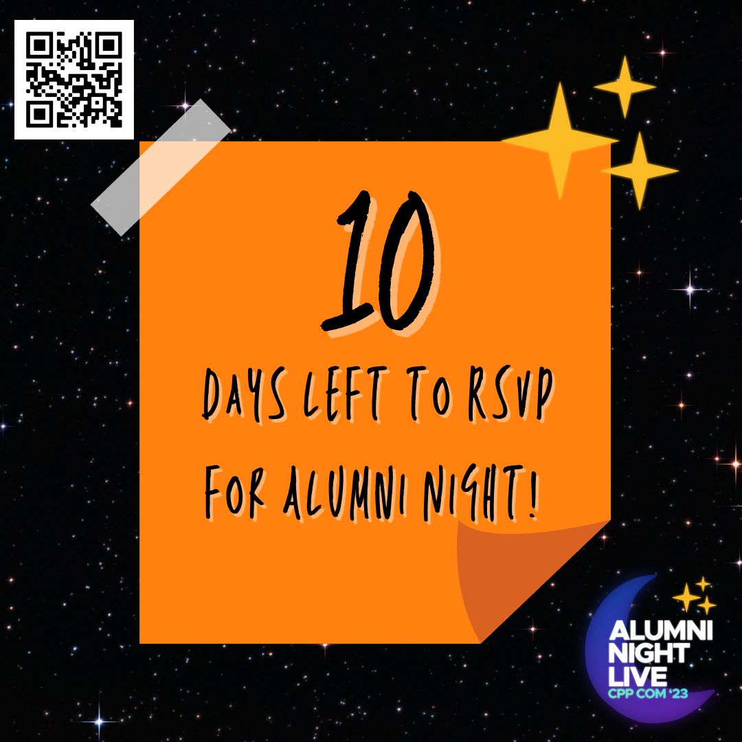 cppeventsplan's tweet image. 10 days 'til Alumni Night! 🎉
Tag a friend you want to come & get your tickets now from our QR code or through here:
ow.ly/hTYG50PYPFf 🥳
#CPPAlumniNight #CPP #calpolypomona #cppalumni