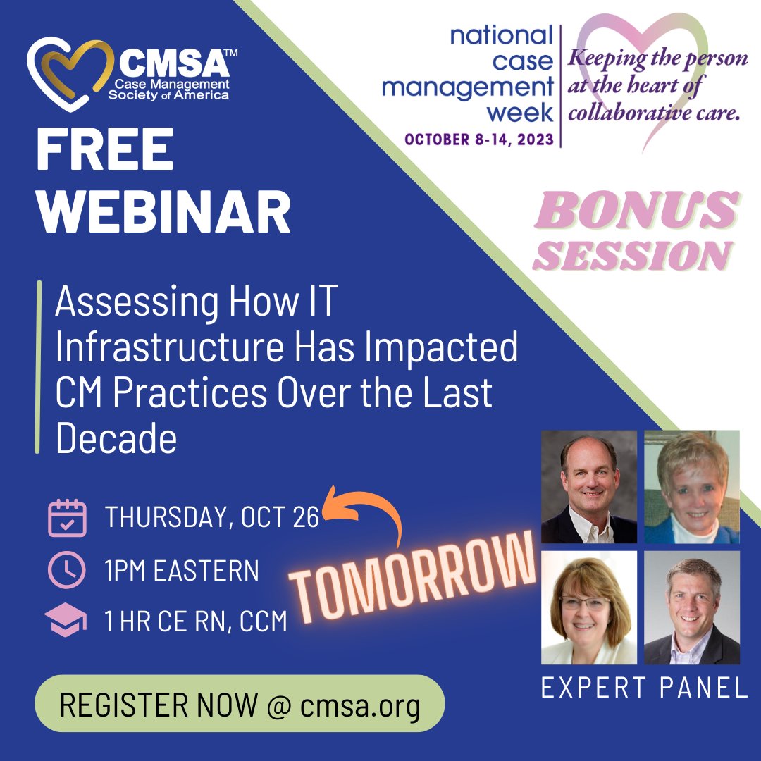 CMSANational's tweet image. Register for TOMORROW’s Webinar: 🔗pathlms.com/cmsa/courses/5…
When: Thurs, Oct 26 @ 1pm ET
1 CE hour (RN, CCM)
Title: &quot;Assessing How IT Infrastructure Has Impacted #CaseManagement Practices Over the Last Decade”
FREE/OPEN to ALL. Don&apos;t miss our final #CMWeek2023 Bonus Session!
#CMSA