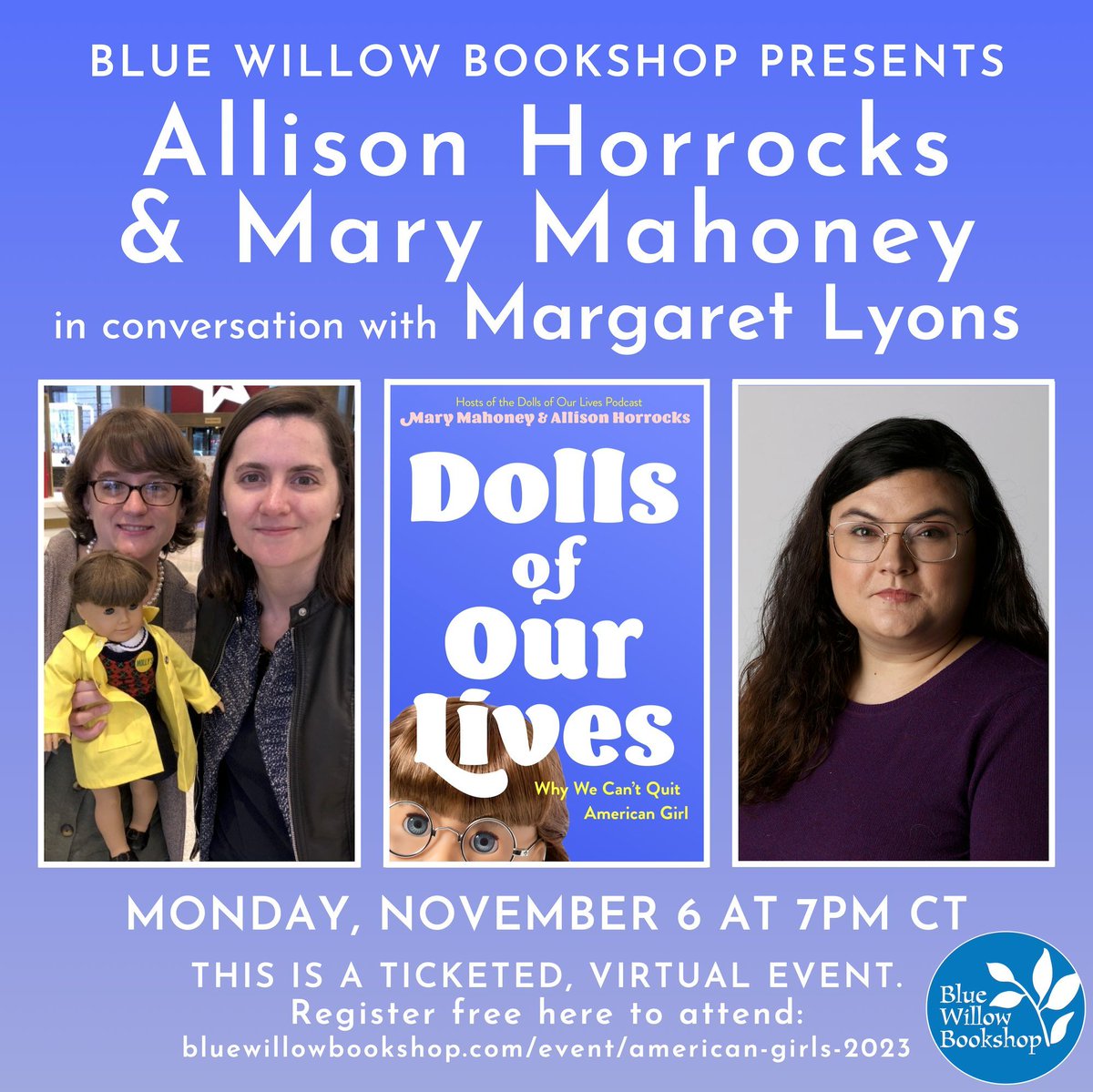Celebrate the new book, DOLLS OF OUR LIVES, with the creators of the <a href="/DollsLivesPod/">Dolls of Our Lives Podcast</a>, <a href="/allisonhorrocks/">Allison Horrocks</a> and <a href="/MaryMahoney123/">Mary Mahoney</a>, in conversation with <a href="/margeincharge/">Margaret Lyons</a>! ⭐️

Get your ticket now (each ticket includes a copy of the book) to attend: bluewillowbookshop.com/event/american… <a href="/MacmillanUSA/">Macmillan Publishers</a>