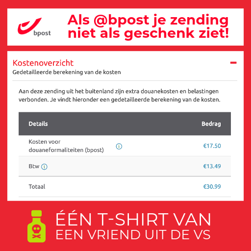 Als <a href="/bpost/">bpost</a> je zending niet als geschenk ziet! één t-shirt van een vriend uit de VS : - )