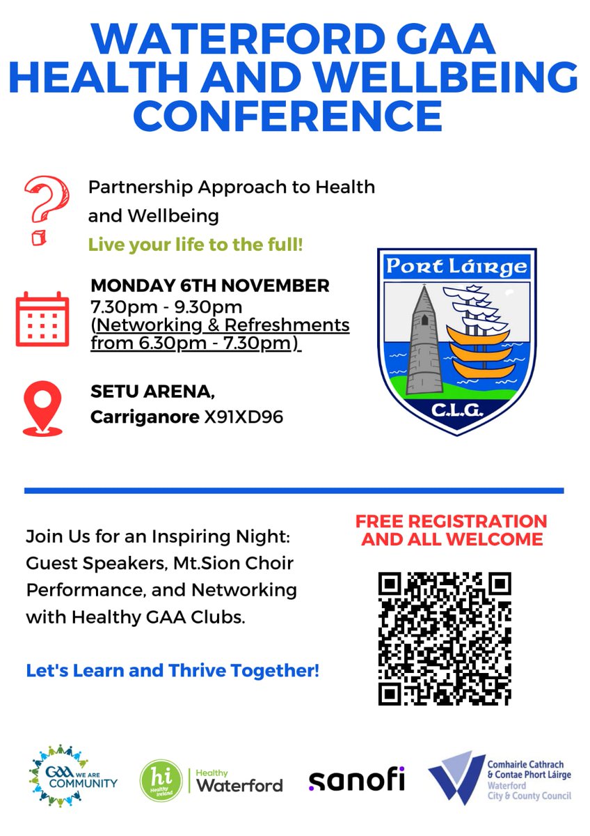 This is open to all! 

<a href="/WaterfordGAA/">Waterford GAA</a> HEALTH &amp; WELLBEING CONFERENCE, coming up on Monday November 6th, Ionad: <a href="/ArenaSETU/">SETU Arena</a>

To secure your spot, please click on the registration link below 👇

universe.com/events/waterfo… 

<a href="/HealthWaterford/">Healthy Waterford</a> <a href="/EoinMorrissey88/">Eoin Morrissey</a> <a href="/johnquinn59/">John Quinn Urban GDA</a> <a href="/midcountygda/">David Robinson</a>
