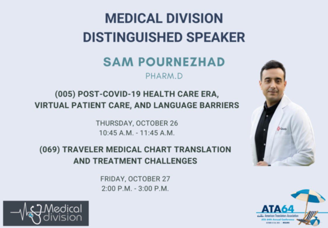 SamPournezhad's tweet photo. Gearing up for #ATA64!
I’m excited to join the ATA family for the first time and honored to be this year’s distinguished speaker for the medical division
Join me on
• Thursday Oct 26 at 10:45 AM
• Friday Oct 27 at 2:00 PM
#MedicalTranslation
#MedicalInterpreting
#ATASkills https://t.co/QkwzbvfiHX