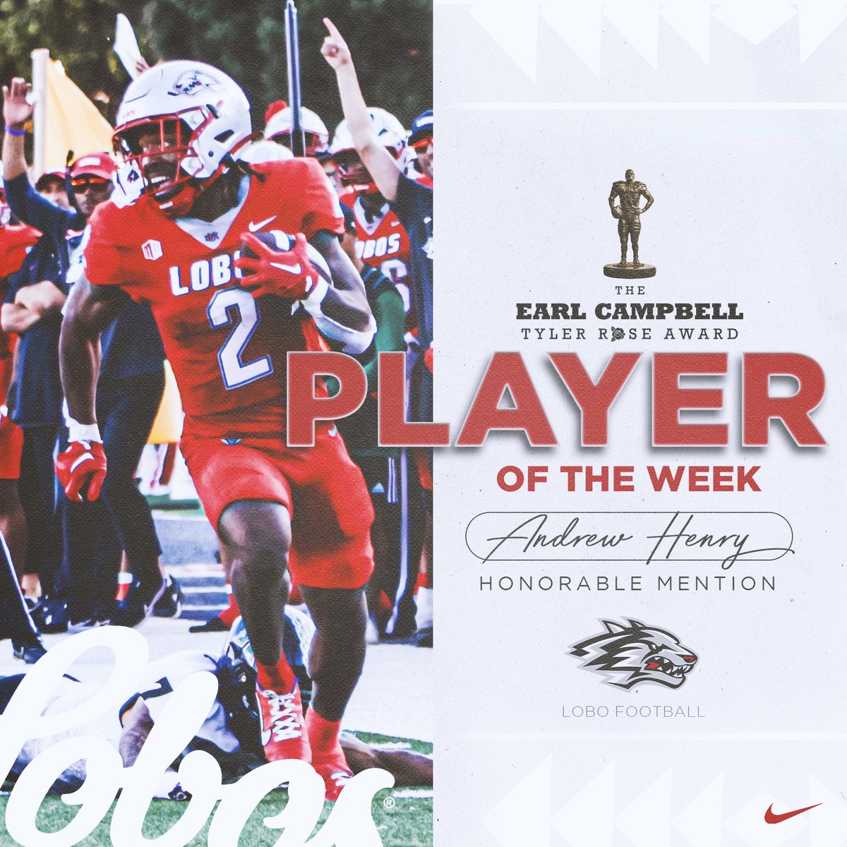 New Mexico Football (@unmlobofb) on Twitter photo More honors!!!
<a href="/_andrewhenry/">Andrew “Dolla” Henry</a> named to the Earl Campbell Tyler Rose Player of the Week Honorable Mention list. Go Dolla!!!!
Full Release: loom.ly/Uzhi1Eg
#GoLobos More honors!!!
<a href="/_andrewhenry/">Andrew “Dolla” Henry</a> named to the Earl Campbell Tyler Rose Player of the Week Honorable Mention list. Go Dolla!!!!
Full Release: loom.ly/Uzhi1Eg
#GoLobos