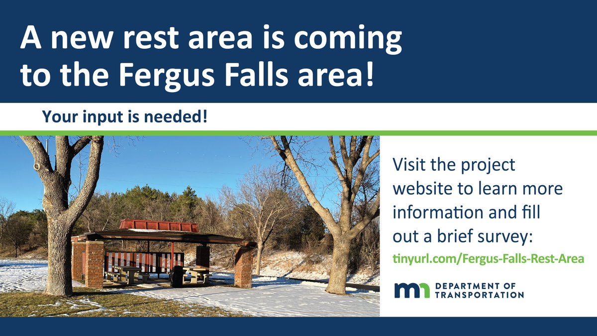 mndotwcentral's tweet image. MnDOT is planning to construct a new rest area near Fergus Falls! We are seeking public input to help us determine the new location. 

Visit the project website tinyurl.com/Fergus-Falls-R… for more information and take the brief online survey!