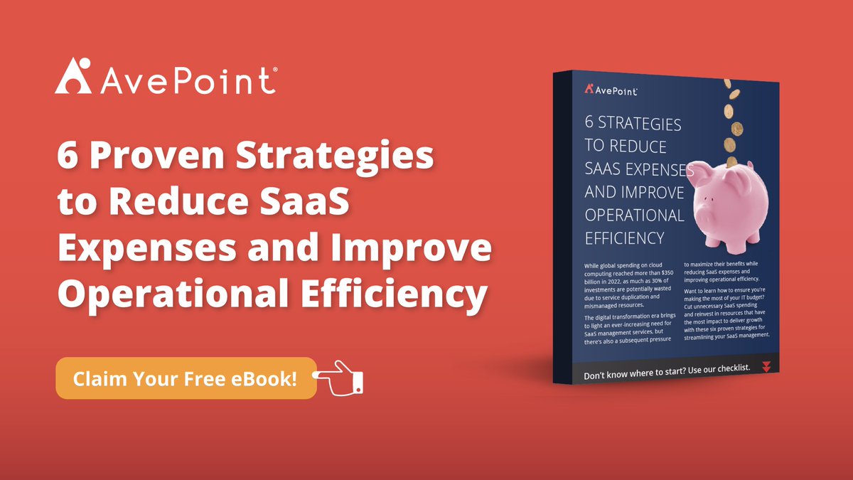 AvePoint's tweet image. Learn how to slash your SaaS spending with AvePoint's free guide! ⚡ Discover 6 proven strategies to boost efficiency and cut costs. Download now! 👉avpt.co/3Fw8WHO
#SaaSoptimization #ModernWorkplace #IT