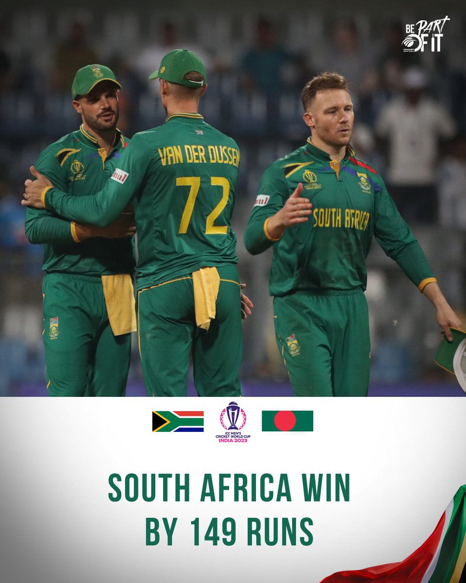 🇿🇦 THE PROTEAS SEAL VICTORY OVER BANGLADESH 

A dominant display from the Protea batters to set up a huge chase for the Tigers led by Quinton de Kock &amp; Heinrich Klaasen 🤝🏏

The bowlers also demonstrated a disciplined line &amp; length to bowl them out 🇧🇩

#CWC23 #BePartOfIt