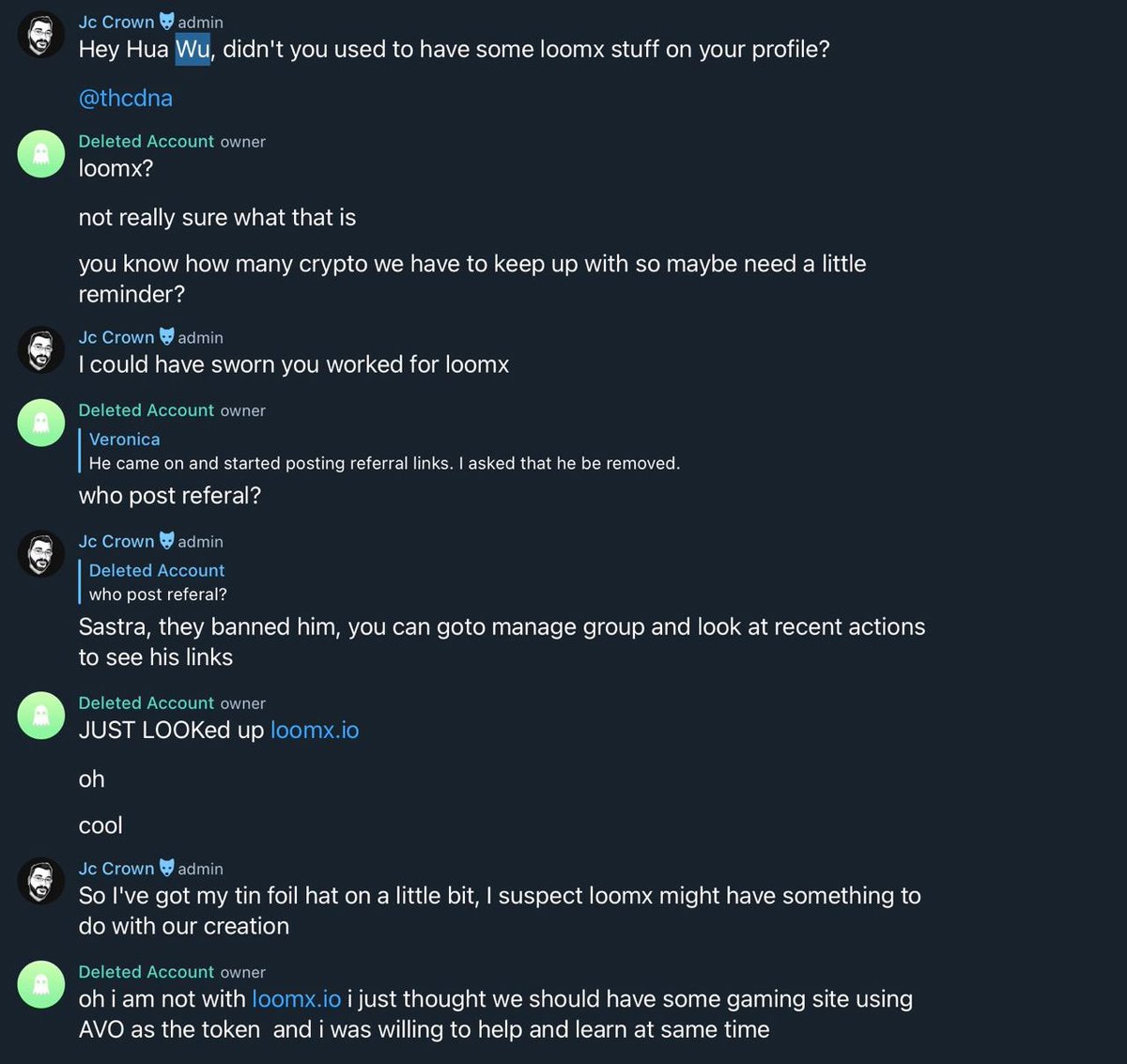 AVOERC20's tweet photo. The Loomx Connection 

Og tg admin JC noted he had a hunch that the og devs were linked to @loomnetwork or #loomx, makers of the @CryptoZombiesHQ learning platform. Team member Hua Wu (Deleted Account) removed the Loomx info. Hua played dumb when question by JC why they removed. https://t.co/rS3Fk7W2pG