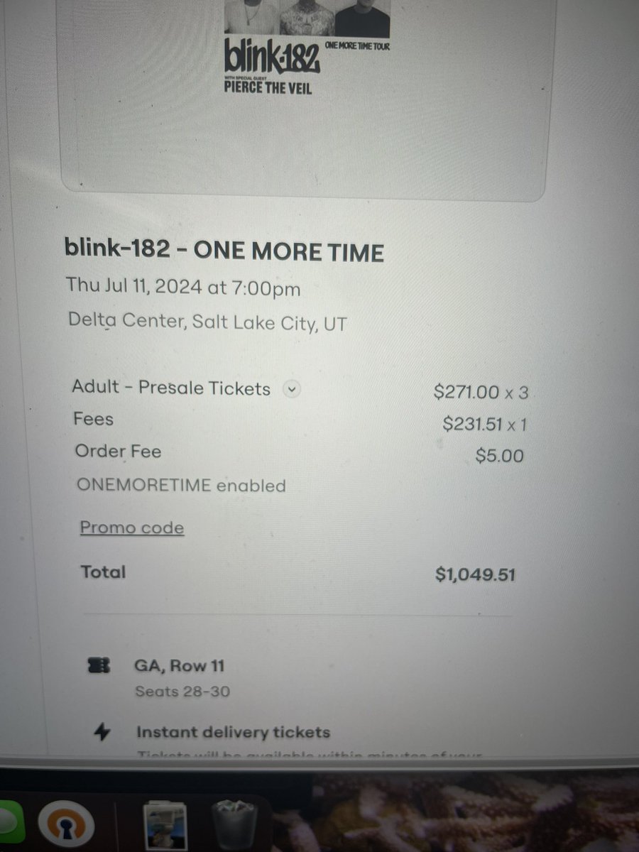 JuliousPuentes's tweet photo. 3 GA Pit tickets = $1,050 in SLC? #ripoff @blink182 @deltacenter @SeatGeek https://t.co/NXnli9uNWP