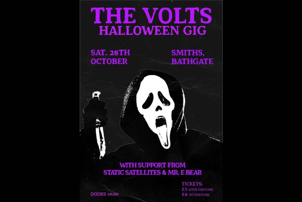 Just a few days remain until we take on Bathgate for our very special Halloween show 🎃 Tickets on the door for this one and doors open at 7pm. Make sure to get along early for our fantastic supports @staticsatellites and @mrebearmusic See you there for a spooky night 👻
