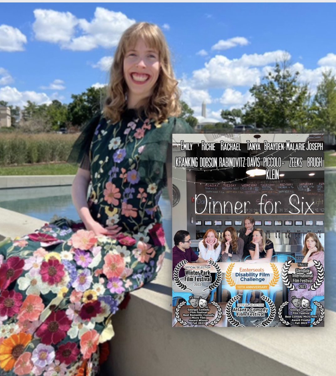 DisabilityChall's tweet photo. Emily Kranking @emilykranking tells an exaggerated version of her first date in DINNER FOR SIX, one of three EDFC films being screened at @hollyshorts #monthlyscreening on October 30th.
Emily says, “to have my own movie - that I don't only star in it, but also direct, write, edit, and produce - in the theater, where Hollywood icons laid their hands in the pavement and where movies like Star Wars premiered, was the very last thing I expected in my career. I'm equally as thrilled for my castmates, whom one has autism and another is deaf in one ear, and my crewmates to be on that blindly silver screen. This would have never happened if it wasn't for EDFC and the wonders it does to disabled actors/filmmakers.”
Get your tickets in the bio link on @hollyshorts . We’ll see you at @tlcchinesetheater next week!
Image description: a collage photo of Emily Kranking on the left as she sits on a cement block next to a pond of water. She is wearing a floral bright multi-color dress. Her hair is strawberry blonde with bangs and she is wearing red lipstick. An image of the key art from her film DINNER FOR SIX shows 6 people sitting at a table with the cast names at the top and laurels of film awards at the bottom.
#EDFCAwards #EDFC2023 #disabilityfilmchallenge #10yearchallenge #10yearanniversary #easterseals #eastersealssocal #DisabilityFilm #DisabilityStories #DisabilityInclusion #filmmakers #DisabilityRepresentation #UniqueStories #FilmIndustry #ExpandTheConversation #SpreadtheWord