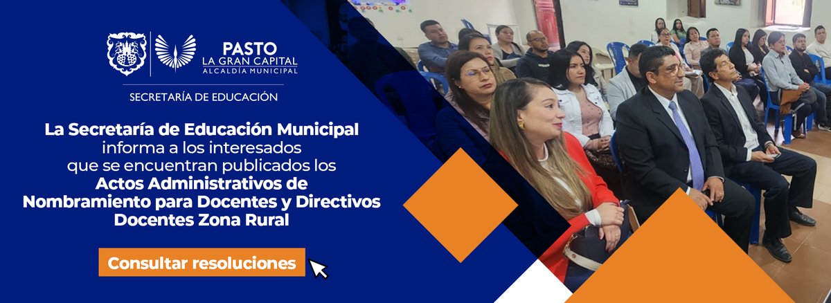 La <a href="/sempasto/">Secretaría de Educación Municipal de Pasto</a> informa que se encuentran publicados los Actos Administrativos de nombramiento en periodo de prueba de Docentes y Directivos Docentes Zona Rural.

Pueden ser consultados en el siguiente link: 
educacionpasto.gov.co/index.php/noti…