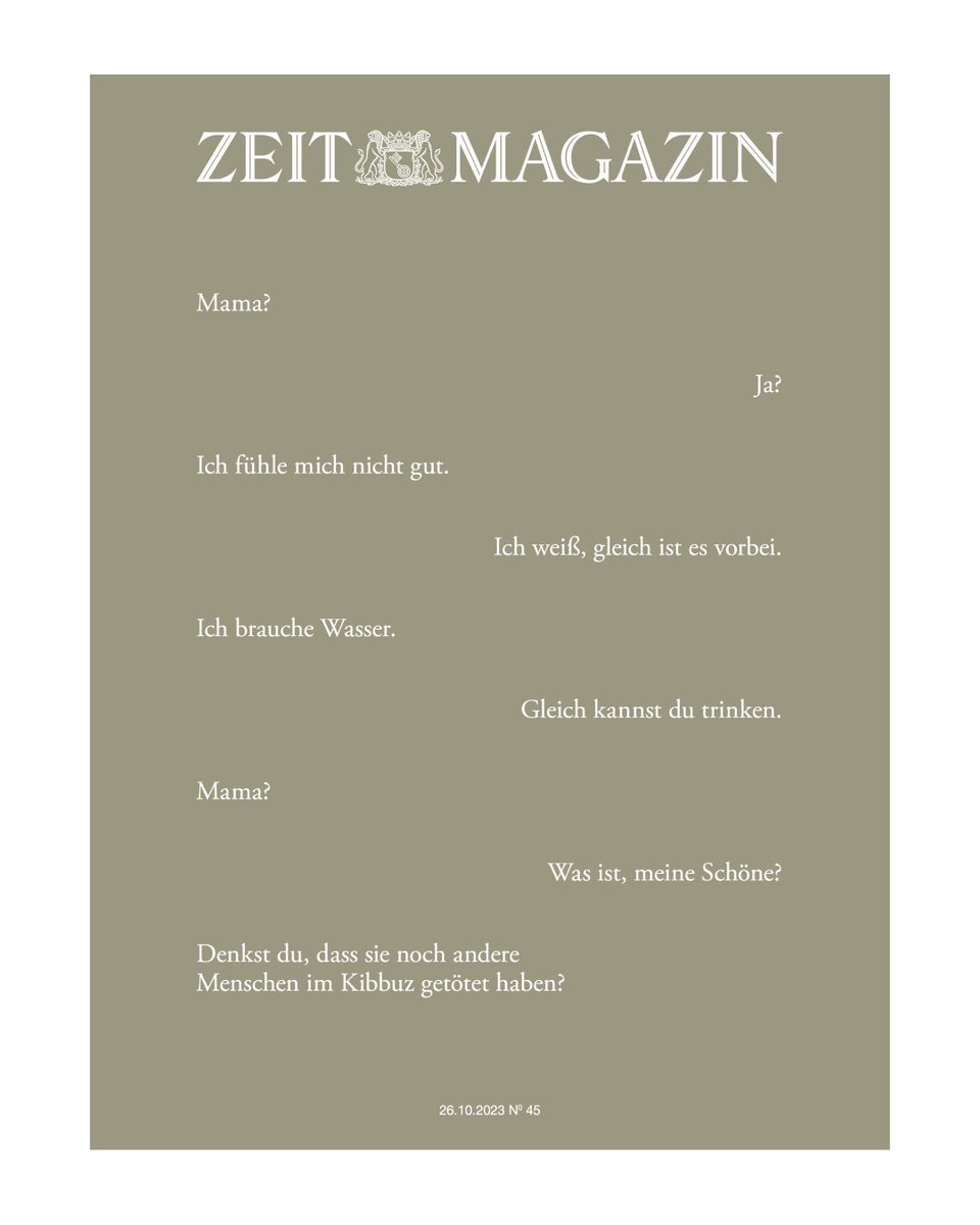 "Mama?" 

Am 7. Oktober, während des Angriffs der Hamas, telefoniert Reut Karp vier Stunden mit ihren Kindern, die allein in einem Schutzraum im Kibbuz Re'im ausharren. Aus Sorge sie nie wieder zu hören, nimmt sie das Gespräch auf, später gibt sie mir die Aufnahme
Im <a href="/ZEITmagazin/">ZEITmagazin</a>