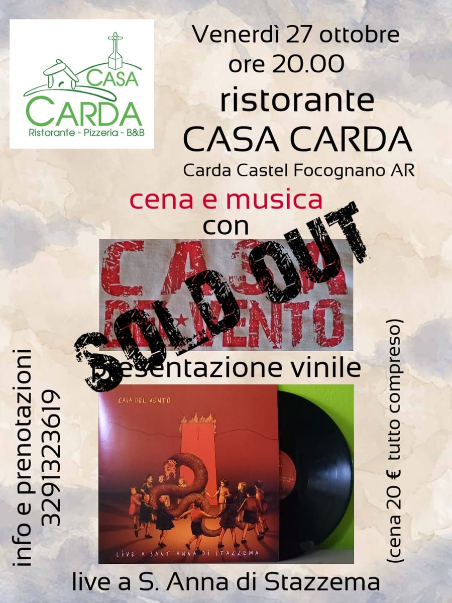 CasaDelVento's tweet photo. Un grandissimo ringraziamento a tutti coloro che hanno prenotato per la serata di venerdì che è  già SOLD OUT! Sono questi risultati, ottenuti col passaparola e in pochissimo tempo, a riempirci di orgoglio. Grazie a tutte e tutti! https://t.co/RGvl96jTdj