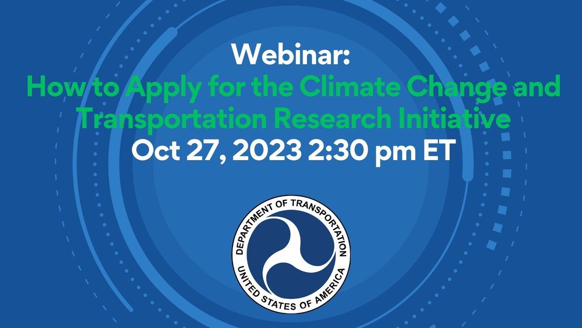 Join me and @Research_USDOT this Friday for a webinar on the funding opportunity for a Climate Change and Transportation Research Initiative. Register here: usdot.zoomgov.com/webinar/regist… Initiative press release here: transportation.gov/briefing-room/…