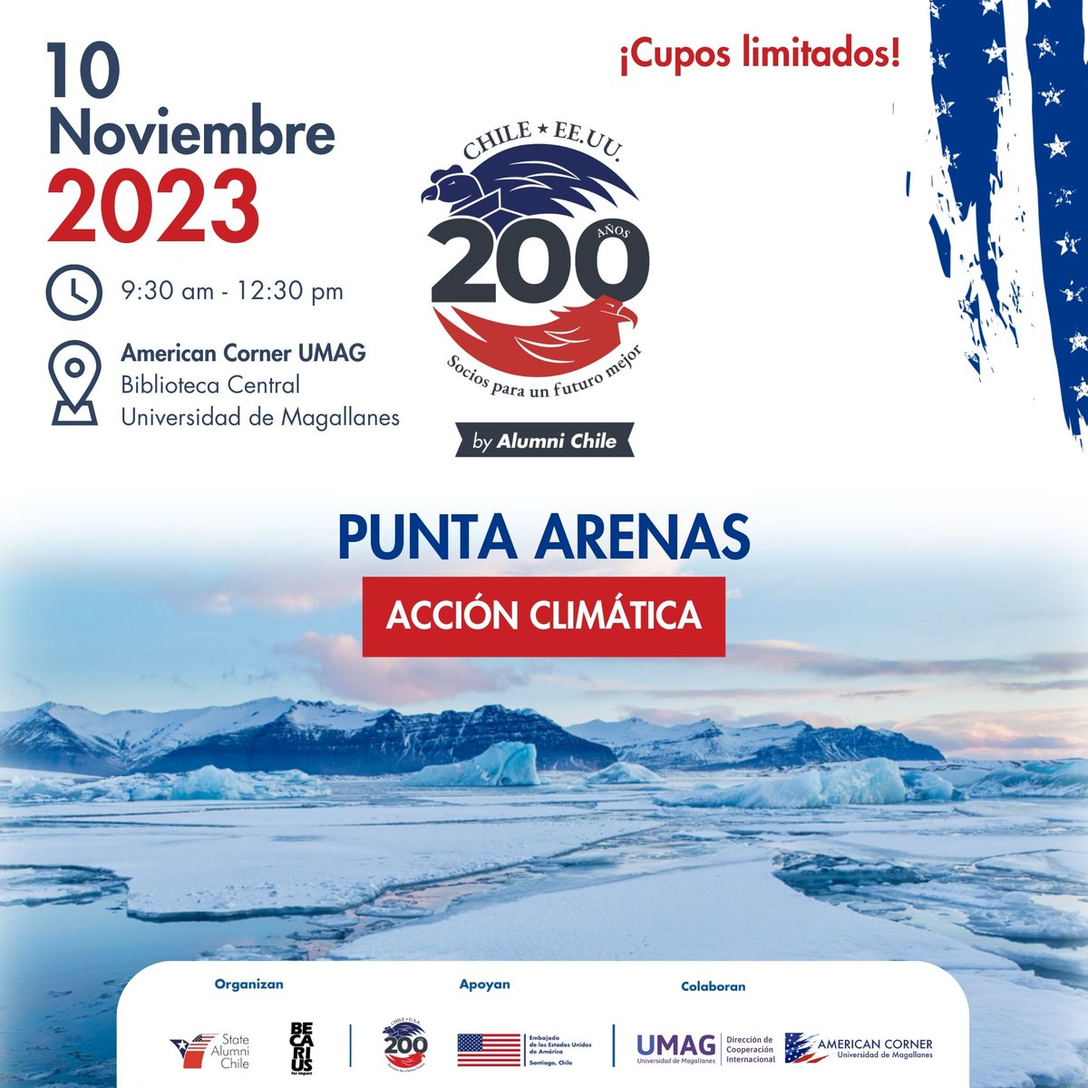 📣¡Buenas Noticias!📣 ¡Nos vemos pronto en Punta Arenas! ✨¡Acompáñanos a la Conferencia y Taller sobre Acción Climática desde Chile para el mundo! 💪

✍️ Link de Inscripción: forms.gle/wjYPGbWZUD7nxm…

#ChileEEUU200 #sociosparaunfuturomejor #Chile #PuntaArenas #AccionClimatica