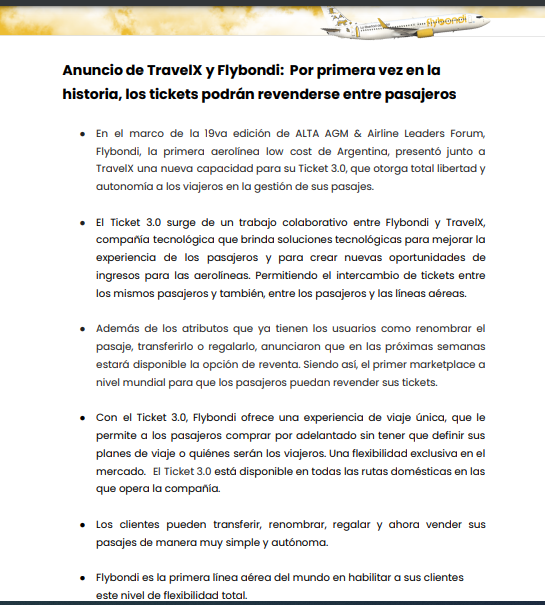 Flybondi informó podrán revenderse los pasajes de avión entre pasajeros. "Es la primera línea aérea del mundo en habilitar a sus clientes este nivel de flexibilidad total", informó la empresa.