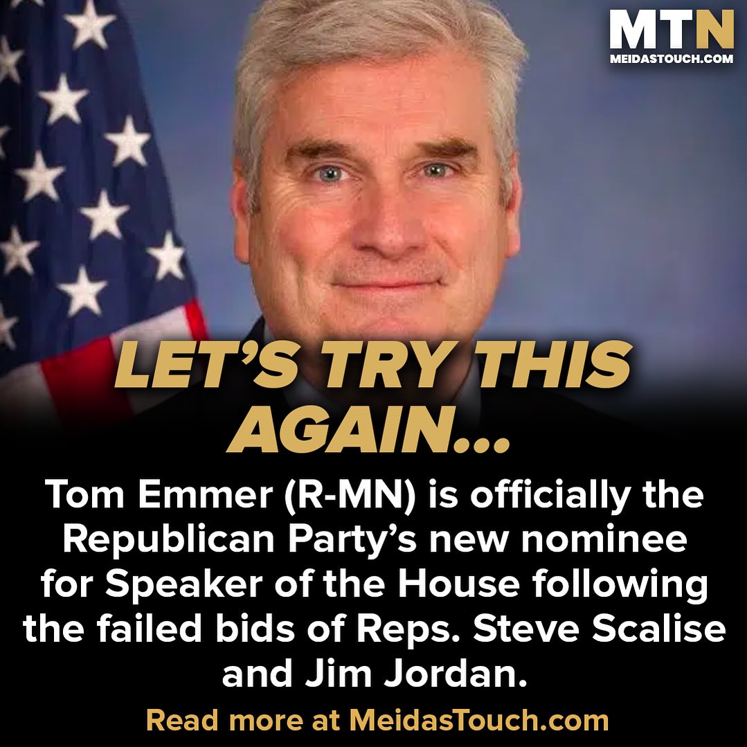 Rep. Tom Emmer (R-MN) is now the Republican Party's nominee for House Speaker, following the failed bids of Rep. Steve Scalise and Rep. Jim Jordan. However, I doubt that he will secure the 217 votes needed on the House floor to become the next Republican Speaker of the House.