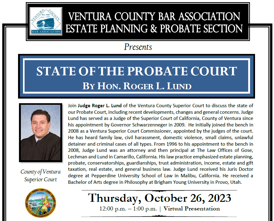 VCBA1's tweet photo. Is your practice on Estate Planning &amp; Probate? If you’re not part of the 100+ registered for this Thur. Oct 26 at noon program with Judge Roger Lund, there is still time to sign up. This MCLE will not be recorded. Call 805.650.7599 ext 1003 or email vcba@vcba.org. https://t.co/pZfEwKDCvi