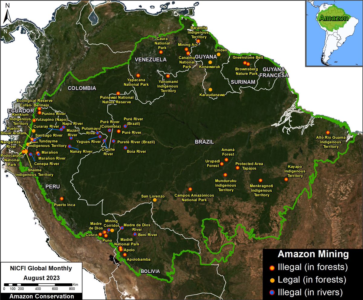 🚨New report on Illegal Gold Mining across the Amazon Highlights: - Illegal mining causing deforestation - Illegal mining in rivers causing contamination -Illegal mining in Indigenous Lands & Protected Areas @ACA_DC,@amazonwatch,@theamazonwewant,@RAN maaproject.org/2023/amazon-il…