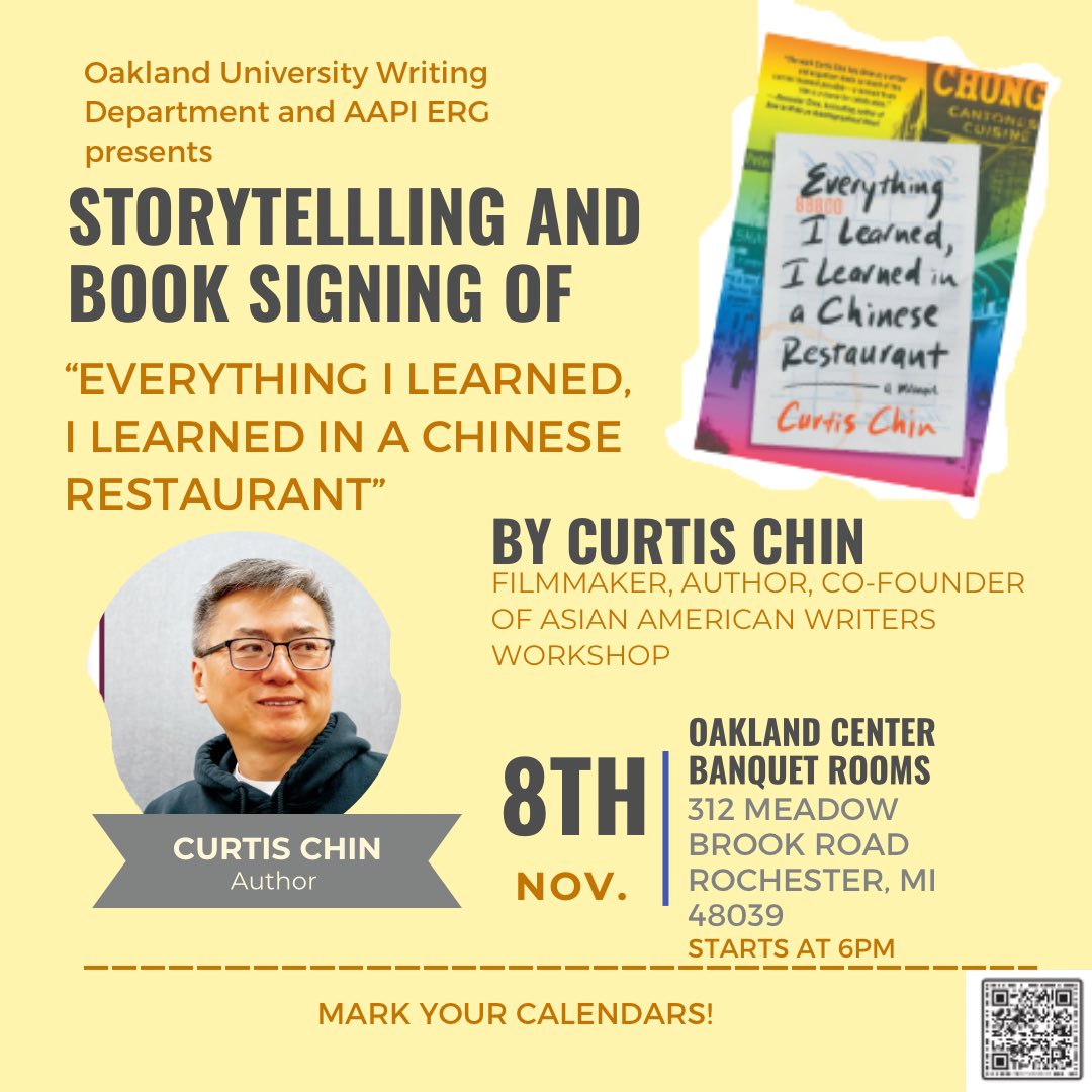 Mark your calendars! Curtis Chin will be visiting Oakland University November 8th for a reading and signing!! 📚✍️
•
#authorcommunity #rhetoric #writingcommunity #writing #writingtips #writinglife #writingsociety #oaklanduniversity #composition #writersnetwork #booksigning #cnf