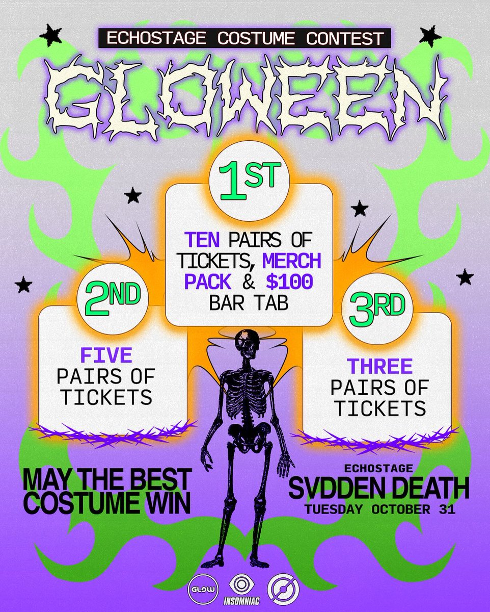echostage's tweet photo. Dress up in your Halloween best for a chance to win!โ ๏ธ๐ฉธProp weapons, sharp & pointed props, handcuffs, and anything that could be used as a weapon is strictly prohibited. Safe costume elements are deemed permissible by venue staffโs discretion. Good luck #GlowFam! ๐โโฌ๐ฎ https://t.co/eizHNdnrat