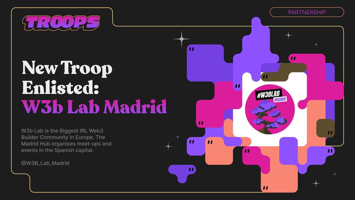 gmTroops's tweet photo. New Troop enlisted: @W3B_Lab_Madrid.

W3b Lab is the biggest IRL Web3 Builder Community in Europe. The Madrid Hub organises meet-ups, events and gathers web3 builders in the Spanish capital.

Welcome to Troops 🫡 https://t.co/gwfzNjDdTG