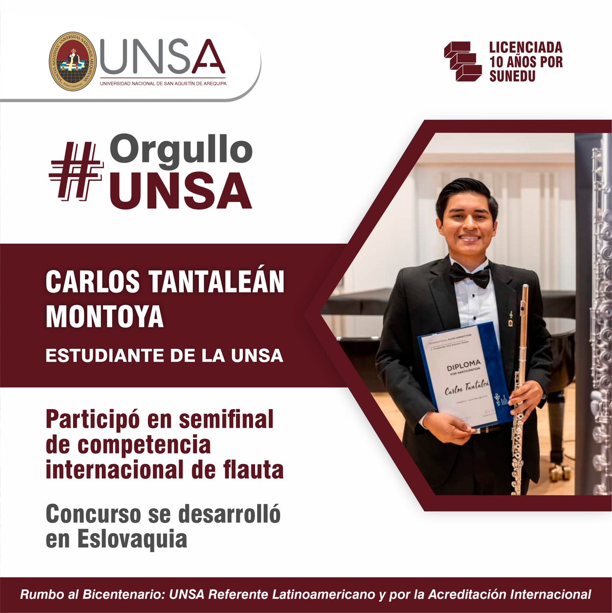 UNSA_Oficial's tweet photo. 👏 #OrgulloUNSA: Carlos Tantaleán Montoya, estudiante de la Escuela Profesional de #Artes de la #UNSA llegó a Eslovaquia para participar de la semifinal de la Competencia Internacional de Flauta, realizada en la Academia de Artes de Bratislava.

👉 https://t.co/AgzTRi7PTG https://t.co/LTux9cS6FU
