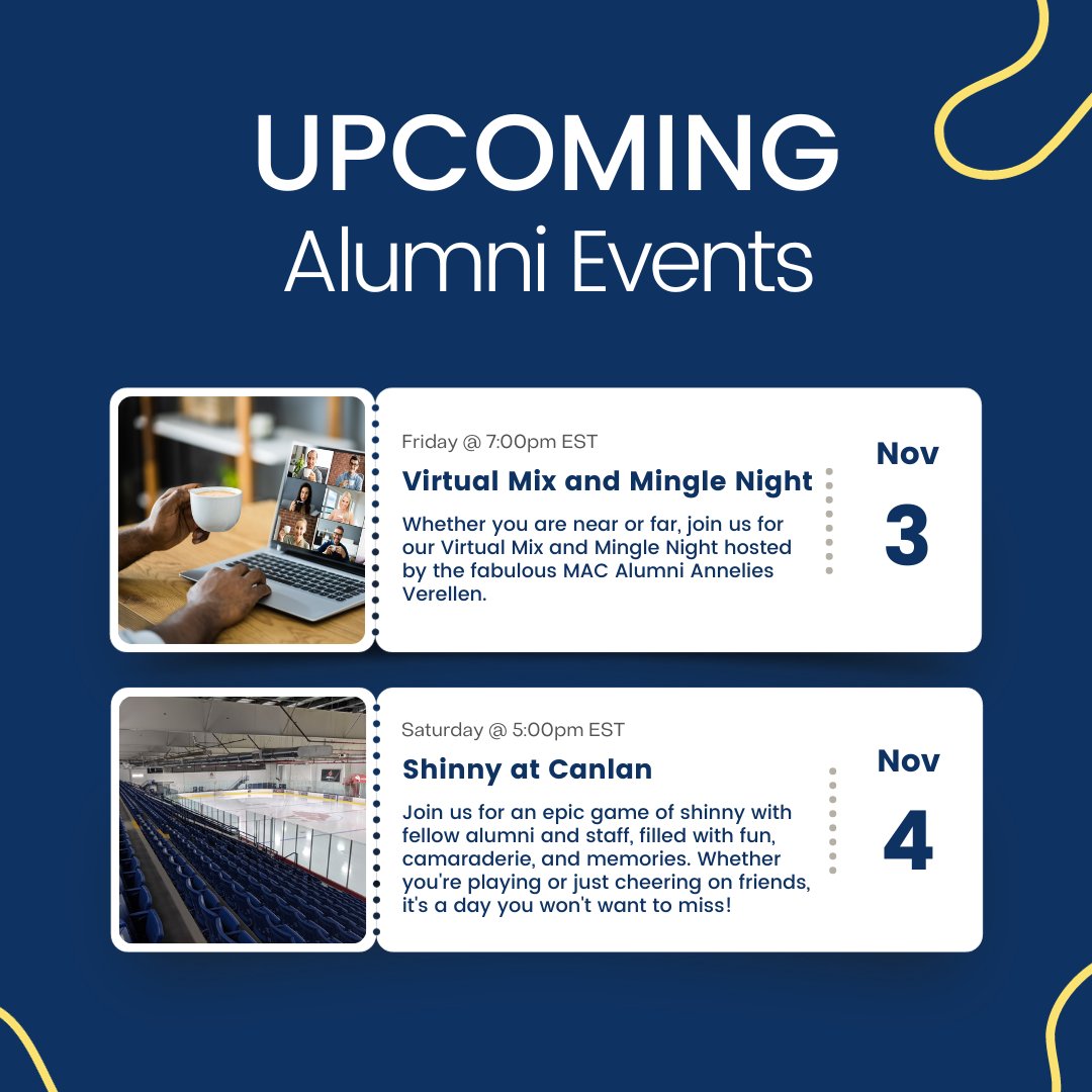 maclachlan_alum's tweet photo. The leaves are falling, and the excitement is rising! We've got two fantastic events coming up:
📆 Virtual Mix and Mingle Night - November 3rd, 7:00 PM EST
https://t.co/nKKri81zFm
🏒 Shinny at Canlan - November 4th, 5:00 PM EST
https://t.co/KGLITHcOQH
#AlumniEvents https://t.co/lJVfQwJdHC