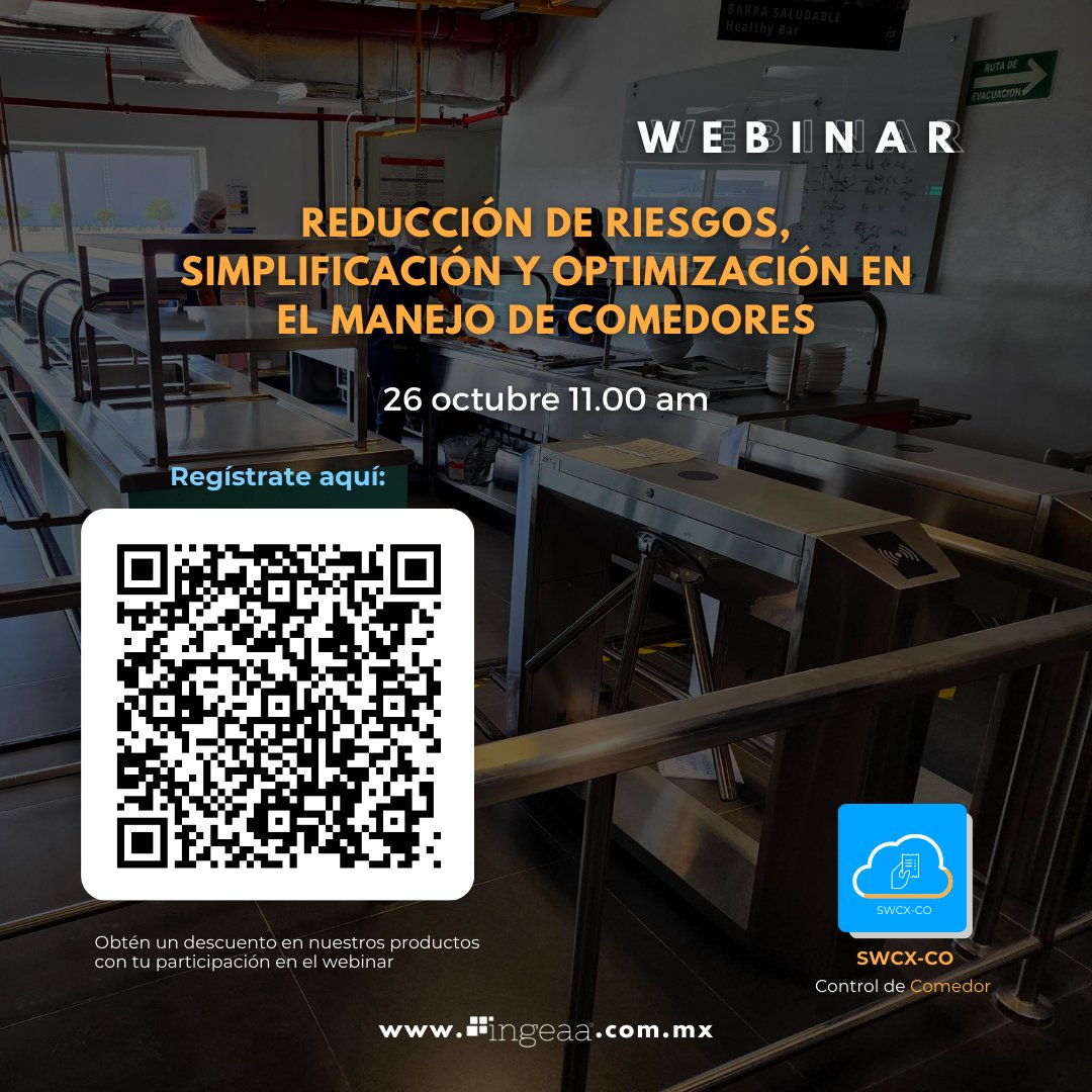 ingeaamexico's tweet photo. Escanea el código QR, regístrate y participa en nuestro Webinar, no te pierdas esta conversación y acompáñanos ¡Te estamos esperando!✨
📅:26 de Octubre
⌚:11:00 AM (CDMX)
💻:Teams
#ControlDeComedor #comedorindustrial
#comedor #tecnologia #RRHH #Accesos #sistemas #asistencia #web https://t.co/UUuYzzdbM8