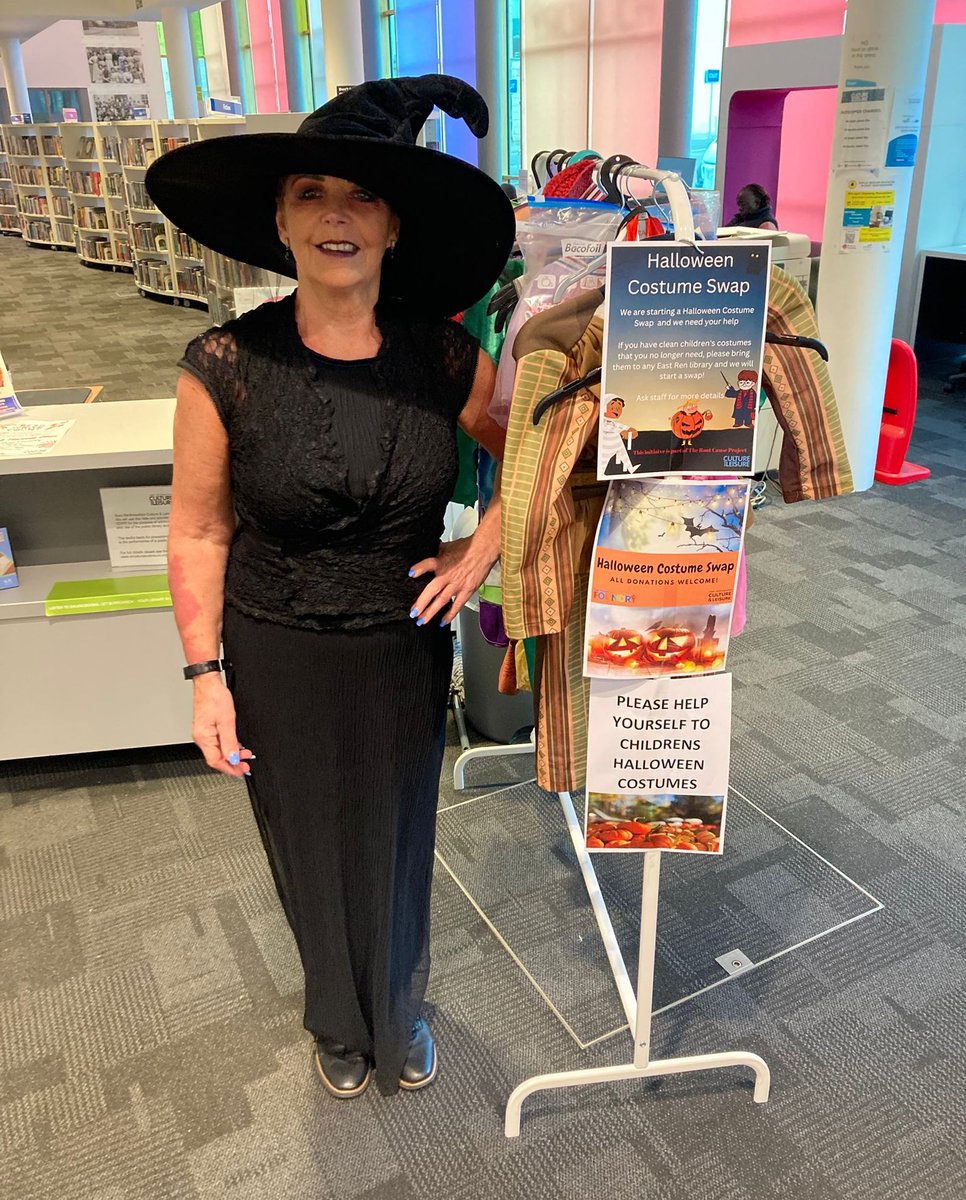 ERCL4's tweet photo. Explore our #HalloweenCostumeSwap rail at #BarrheadFoundry library! Generous customers back sustainability through our #RootCauseProject β»οΈπ. Take a Halloween costume - no donation necessary, but sharing is caring. Visit your local East Ren library for costume fun! π¦π§π #ERCLT https://t.co/ZSyg2Sejgf