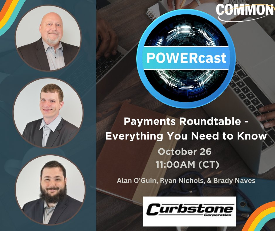 COMMONug's tweet image. Join us for the latest #POWERcast on October 26th at 11 AM (CT) to learn everything you need about the Payments Roundtable. 

Register here: ow.ly/V9sM50PZRb3

#COMMON #COMMONug