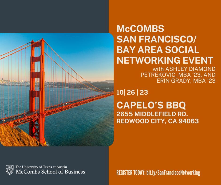 UTMcCombsAlumni's tweet photo. Join the McCombs San Francisco Chapter for a social networking happy hour. Engage with fellow McCombs alumni and meet Ashley Diamond Petrekovic, MBA '23, and Erin Grady, MBA '23, the new chapter leaders. Register today: https://t.co/vIQiy30f3F
#McCombs #UTMcCombs https://t.co/eeoGmqhQXG