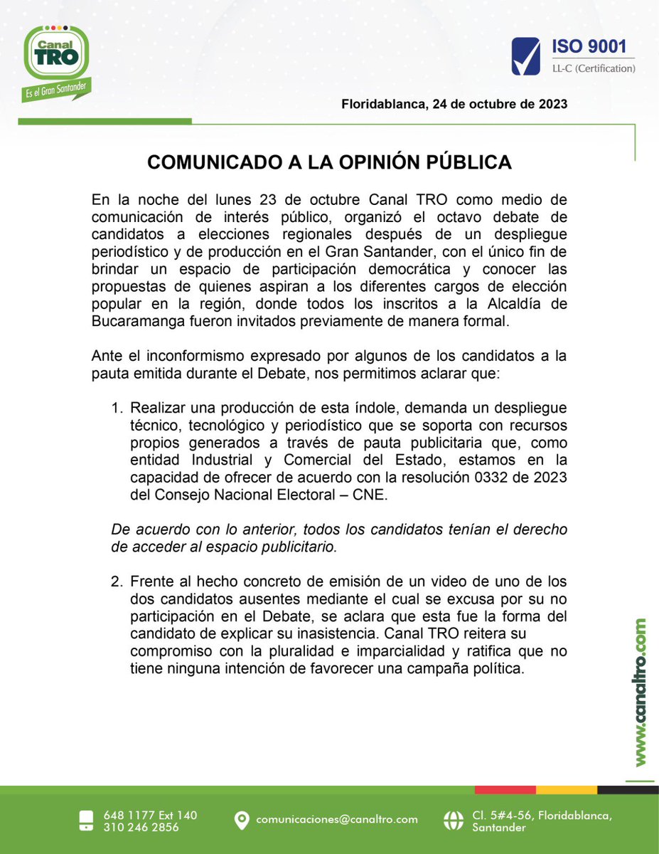 CanalTRO's tweet photo. Comunicado a la opinión pública frente al debate con candidatos a la Alcaldía de Bucaramanga. https://t.co/GEZ1vKbYYj
