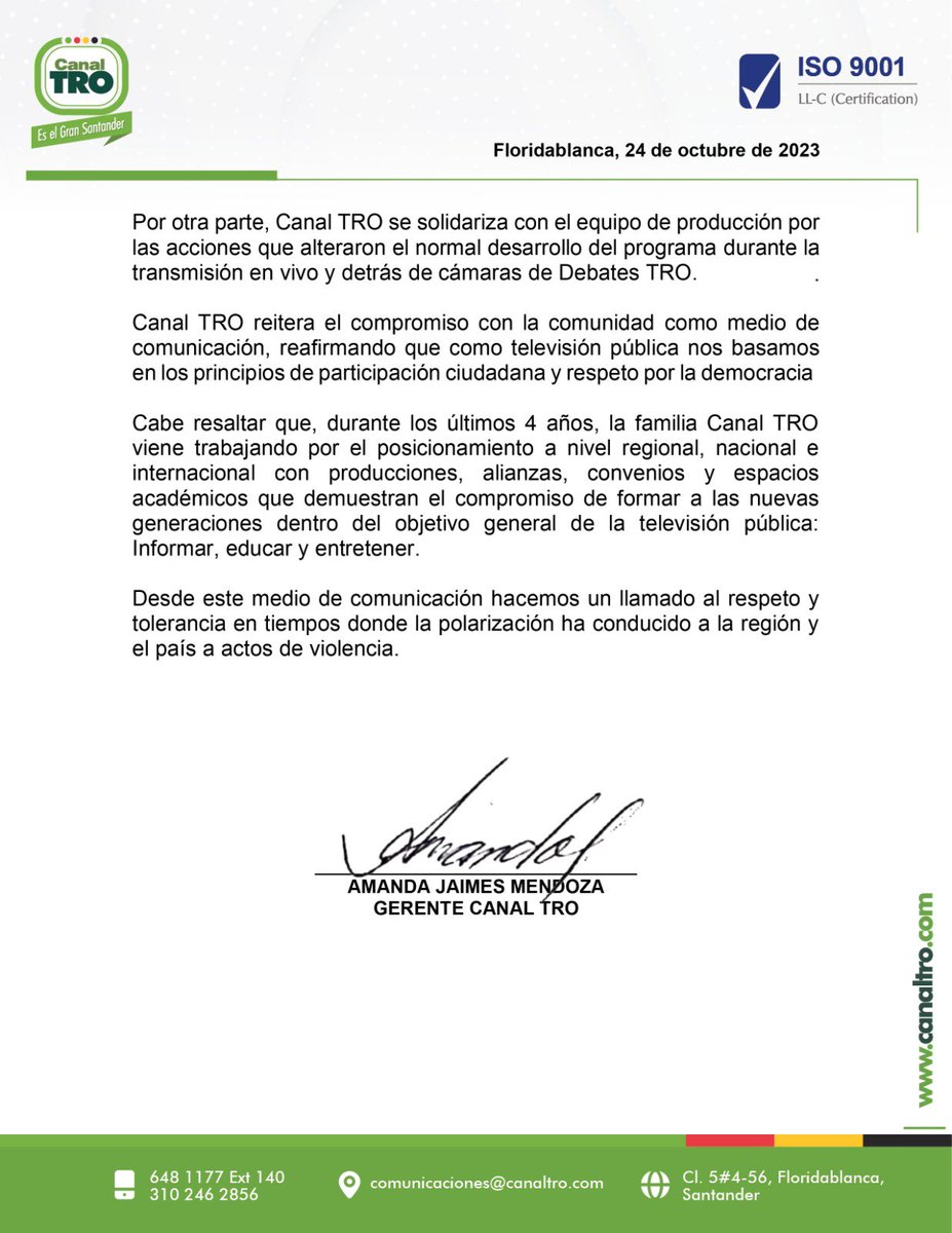 CanalTRO's tweet photo. Comunicado a la opinión pública frente al debate con candidatos a la Alcaldía de Bucaramanga. https://t.co/GEZ1vKbYYj