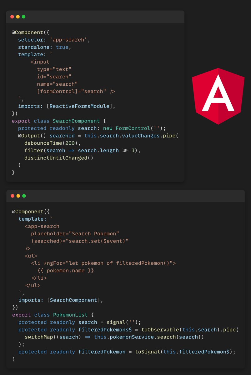 Did you know you can emit an Observable from an Output in #Angular ?

Here, I've created a SearchComponent that emits a 'searched' Observable every time the search field's value changes.

On the consumer side, all I have to do is listen to this observable and react accordingly,