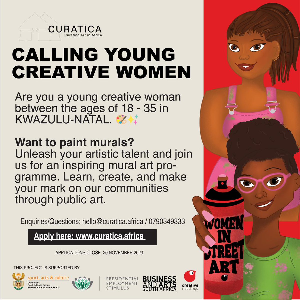 creativenestlin's tweet photo. Calling all aspiring women street artists in KwaZulu-Natal! 🎨✨ Join the #WomeninStreetArt Project (WISA) by Curatica and ignite your passion for mural painting and street art. Apply: https://t.co/9rS7jZwV6r. Supported by @basa_news @SportArtsCultur #kzncreatives #PESP4 https://t.co/OavX902zhs