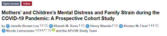 Excited to see this <a href="/APrON_Research/">APrON Study</a> paper published this morning on Children <a href="/MDPIOpenAccess/">MDPI</a> examining the link between mothers’ and children’s mental distress and family strain during the COVID-19 pandemic <a href="/DrNLetourneau/">Dr Nicole Letourneau</a> @kmfiest <a href="/kharahross/">Dr. Kharah Ross</a> 
mdpi.com/2227-9067/10/1…