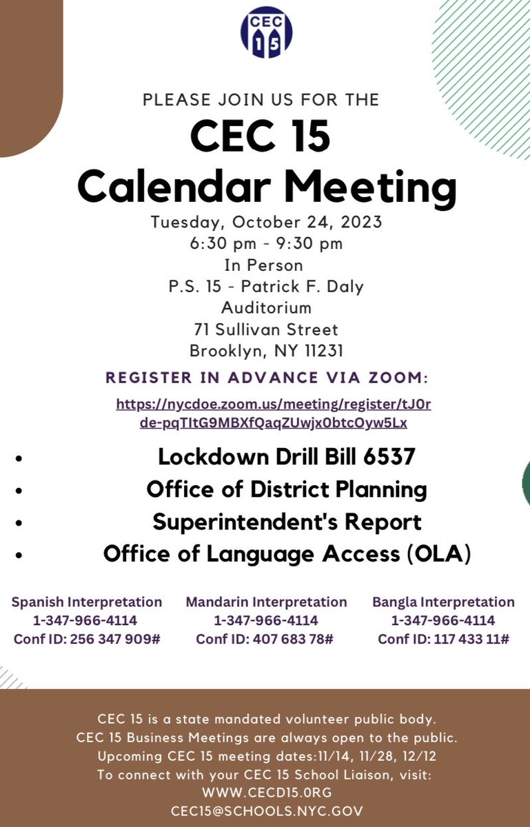 Parents &amp; Educators of District 15, join us tonight, 10/24. We welcome <a href="/Sen_Gounardes/">State Senator Andrew Gounardes</a> &amp; <a href="/JoAnneSimonBK52/">Jo Anne Simon 文雅麗 🟧</a> to discuss Lockdown Drill Bill 6537; <a href="/NYCDOED15/">District 15 Brooklyn</a> Supt. Alvarez; Office of District Planning to discuss ongoing and new school plans; and Office of Language Access. PS 15 &amp; zoom