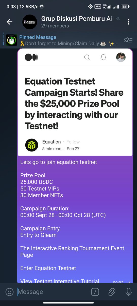 Fikry0777's tweet photo. Lets go to join this testnet
@DHardoz
@fikryandi010
@Ricoandriansy19
Prize Pool
25,000 USDC
50 Testnet VIPs
30 Member NFTs
Campaign Duration:
00:00 Sept 28–00:00 Oct 28 (UTC)

Campaign Entry chek at Medium equation testnet https://t.co/MoykrfC4pS