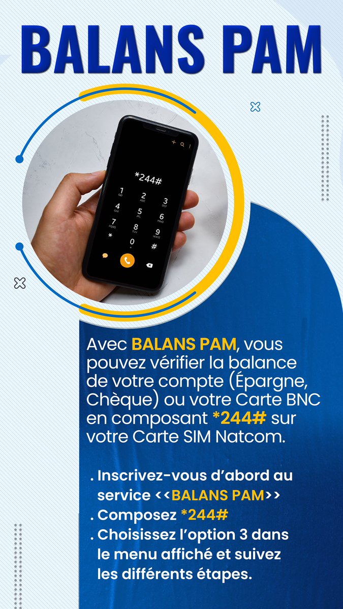 HaitiBnc's tweet photo. Vous êtes clients de la BNC!
BALANS PAM Est parfaitement adapté à vos besoins.
En utilisant ce service vous éviterez des déplacements inutiles pour la vérification de votre compte ou de votre carte prépayée.

Composez *244# sur votre carte SIM Natcom et suivez les instructions. https://t.co/jQgu9KZsyd