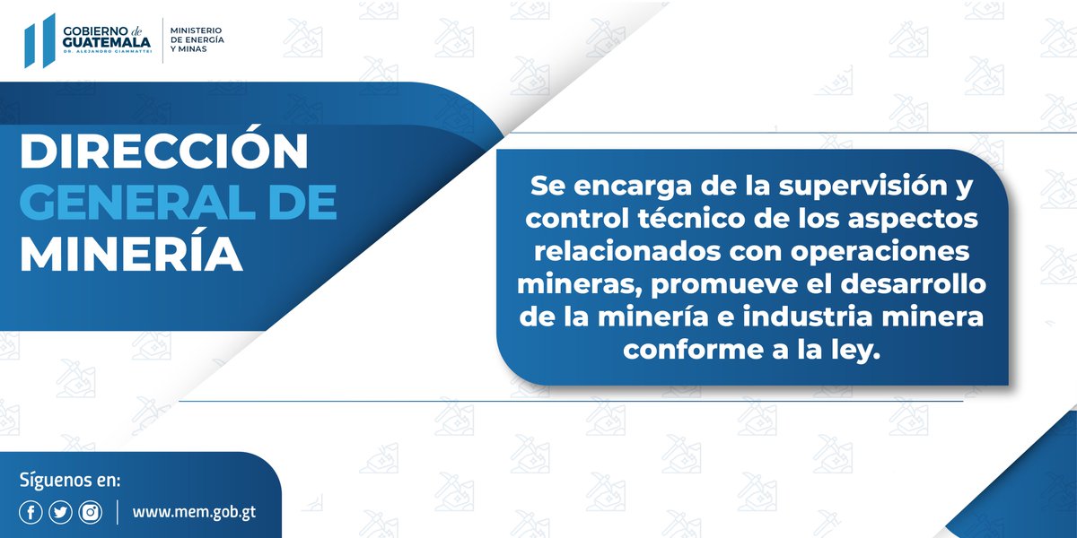 #GuateCrece | Por ley el #MEM es el encargado de formular y coordinar las políticas, planes y programas de gobierno del sector minero.

#AccionesQueTransforman🇬🇹