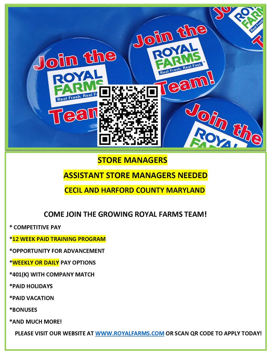 SWNJobs's tweet image. 🚨 #JobAlert! Calling all Asst. Store Managers! Join the Royal Farms team in Cecil &amp;amp; Harford County, MD!💼 Enjoy competitive pay, a paid training program, 401(K) match, bonuses &amp;amp; more. Apply now at royalfarms.com! 🚨
#SWNJobs #JobOpportunity #NowHiring
