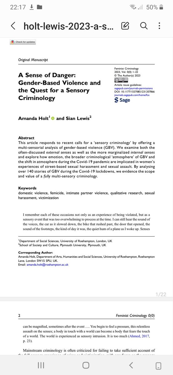 Amanda Holt (@dramandaholt) on Twitter photo A Sense of Danger: Gender-based Violence and the Quest for a Sensory Criminology. New article out this week with <a href="/sianylewis89/">Dr Sian Lewis</a> journals.sagepub.com/doi/10.1177/15… A Sense of Danger: Gender-based Violence and the Quest for a Sensory Criminology. New article out this week with <a href="/sianylewis89/">Dr Sian Lewis</a> journals.sagepub.com/doi/10.1177/15…